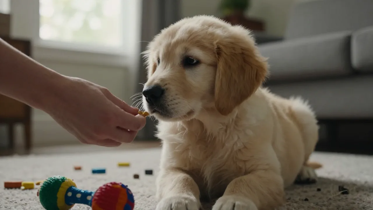 Cachorro de golden retriever distraído por un juguete mientras intenta recibir un premio de entrenamiento.