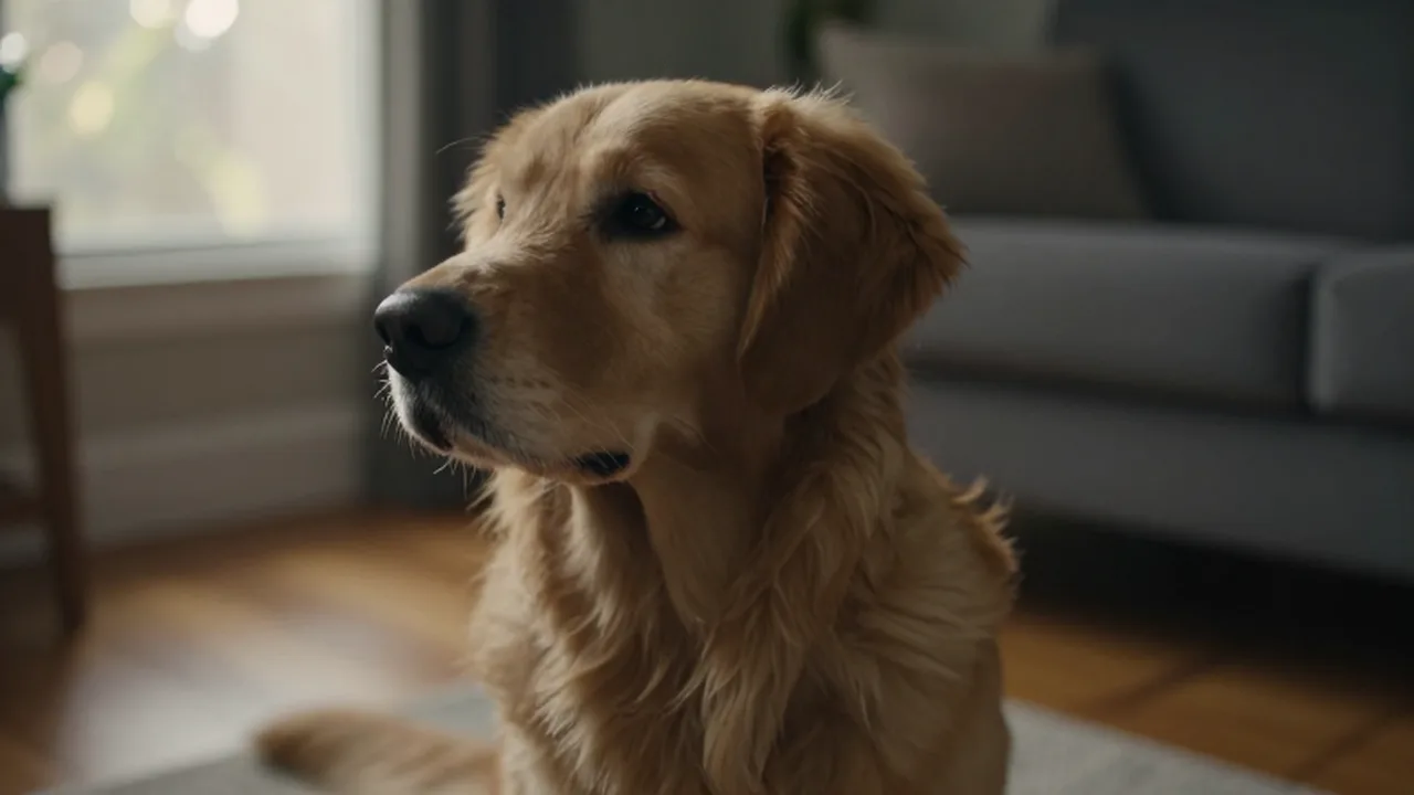 Golden Retriever distraído que mira hacia la ventana en una sala iluminada por el sol.