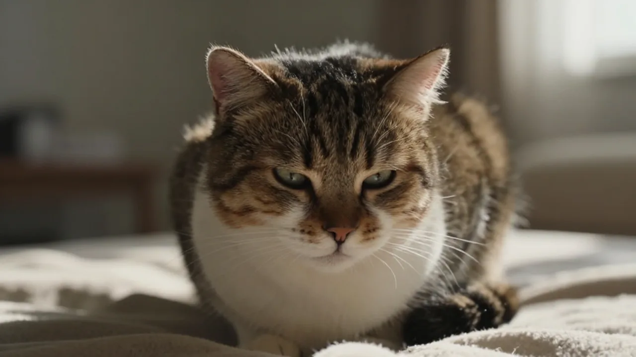 Gato doméstico con postura encorvada y expresión de malestar sentado sobre una manta.