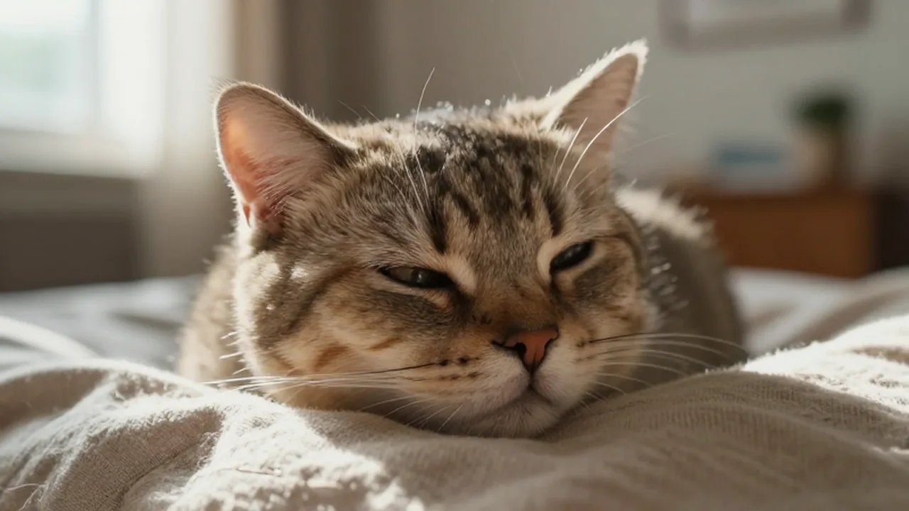Gato de pelo corto descansando sobre una manta de lino con expresión de incomodidad bajo la luz del sol.