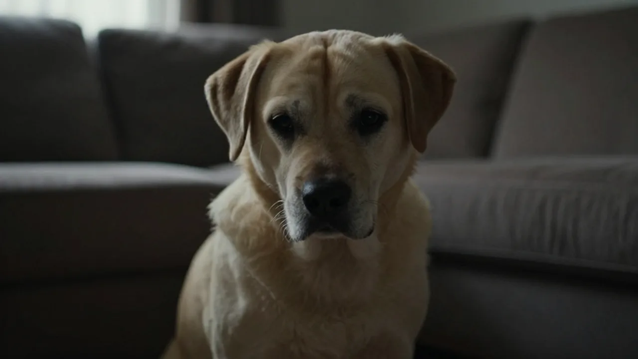 Perro sentado con las orejas bajas y la mirada hacia el suelo en una esquina oscura.