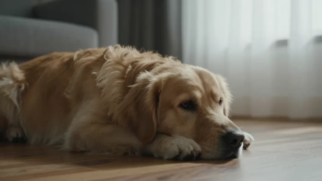 Golden Retriever con expresión triste sentado en el suelo de madera junto a una ventana.