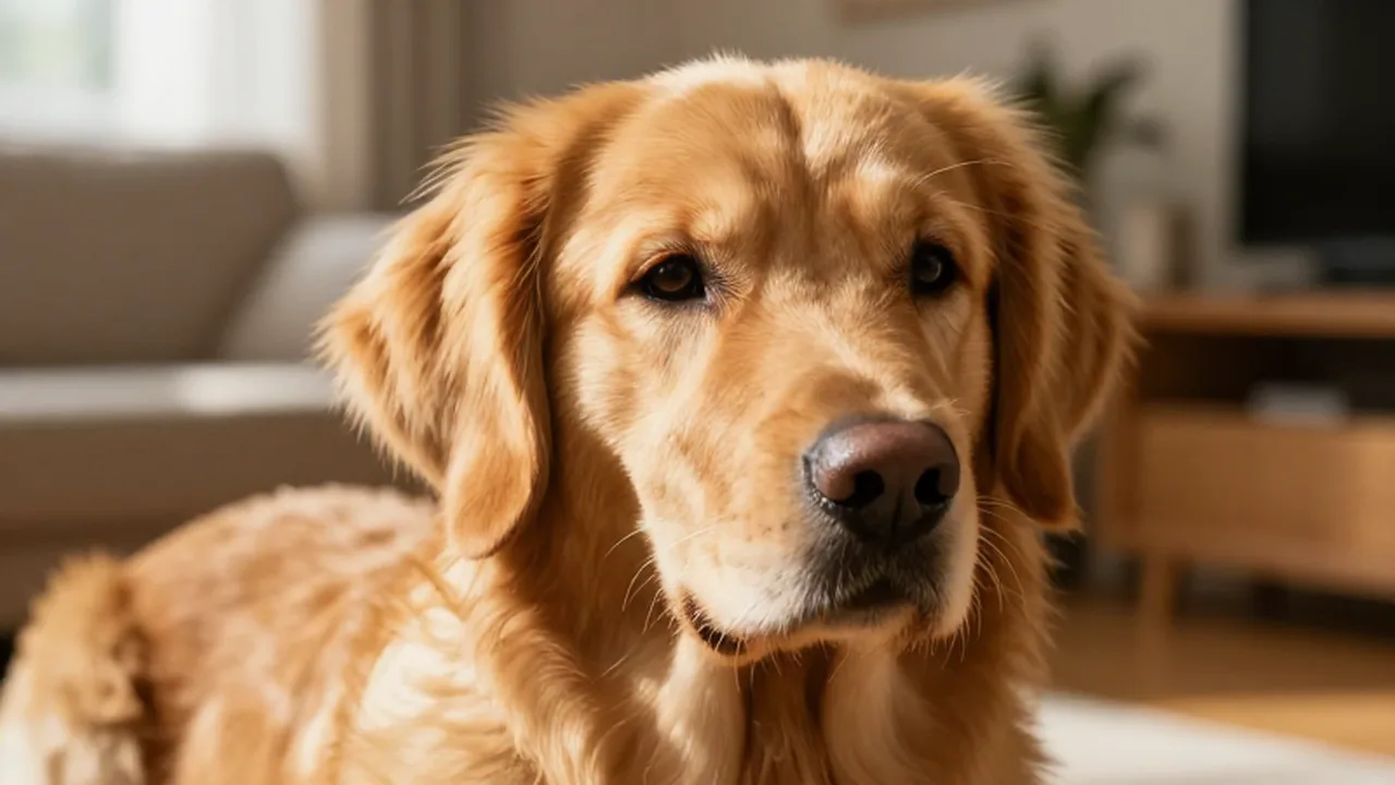 Primer plano de un Golden Retriever con pelaje dorado brillante y expresión tranquila en una sala iluminada por el sol.