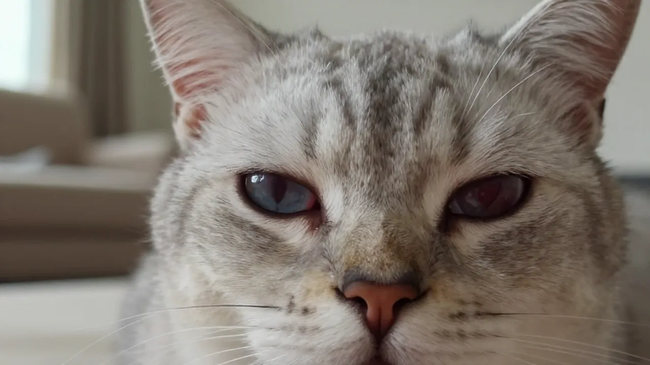 Primer plano del rostro de un gato con un ojo irritado, enrojecido y ligeramente nublado.