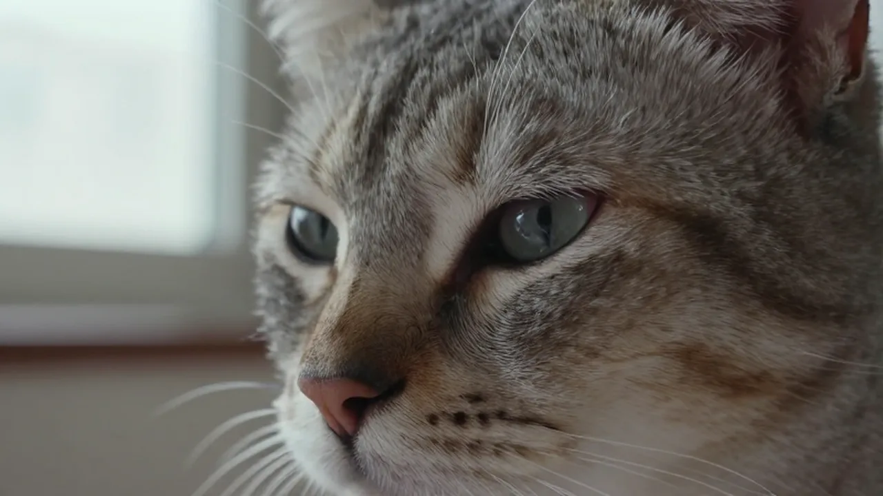 Primer plano del ojo de un gato doméstico que presenta leve irritación y lagrimeo.