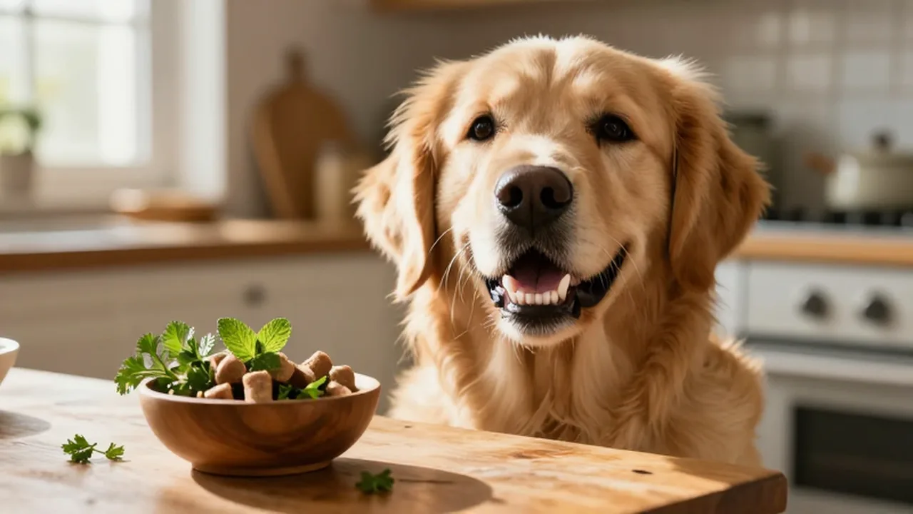 Golden retriever sonriente junto a un cuenco de madera con ingredientes naturales para su higiene dental.