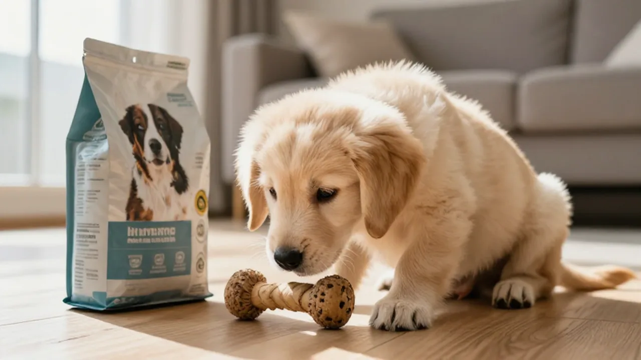 Cachorro de golden retriever curioso olfateando una bolsa de comida y un juguete en una sala iluminada.