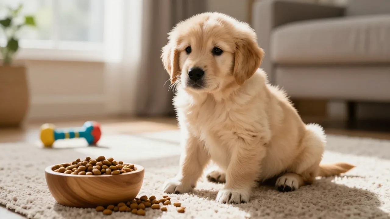 Cachorro de golden retriever sentado junto a un cuenco de comida derramado sobre una alfombra.