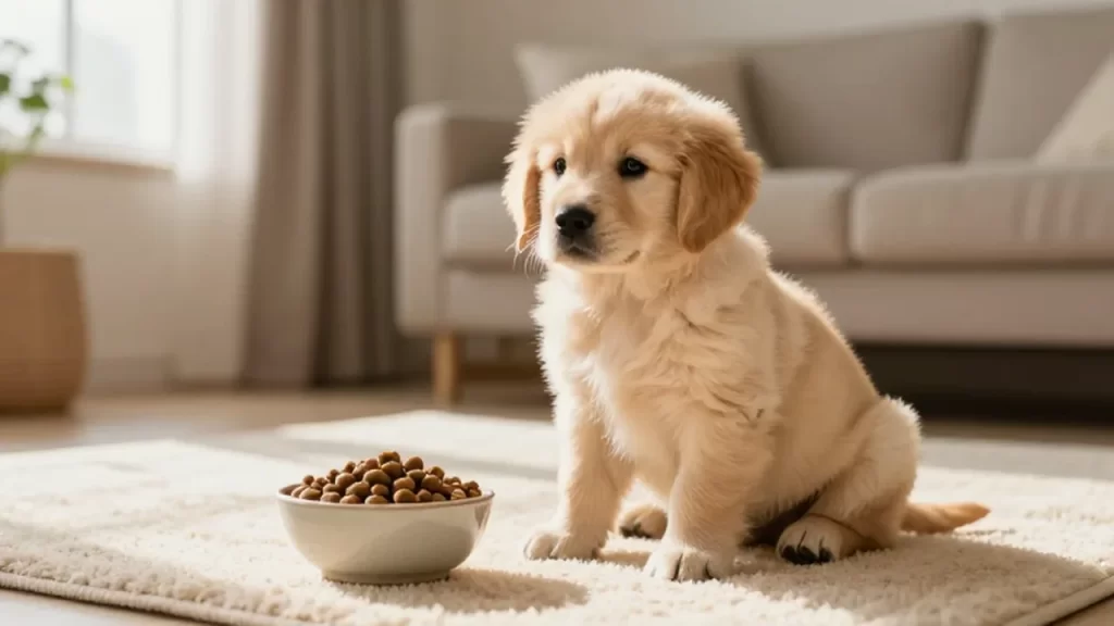 Cachorro de golden retriever sentado en una alfombra junto a un cuenco con comida.