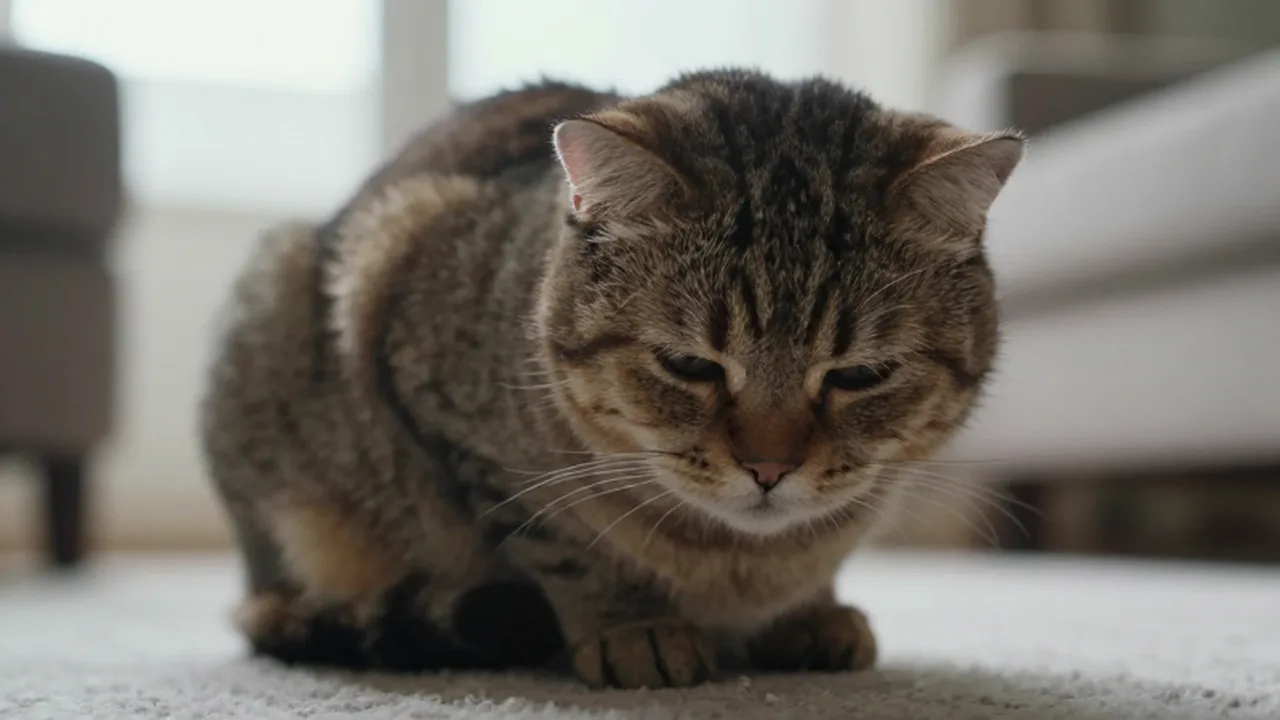 Gato doméstico sentado sobre una alfombra con postura encorvada y expresión de malestar.