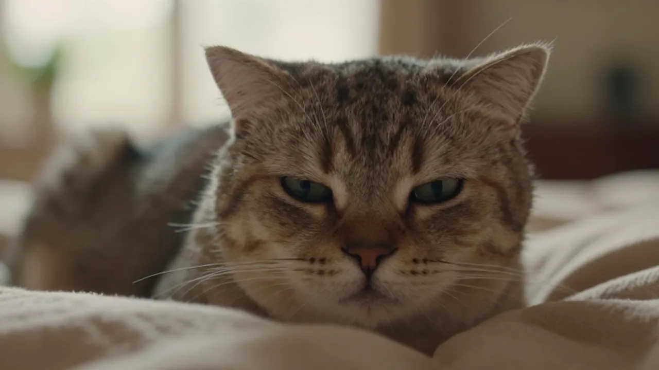 Gato doméstico con expresión de tensión y ojos dilatados sobre una manta beige.