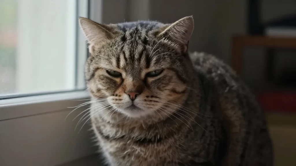 Gato doméstico encogido con gesto de malestar en un rincón iluminado por el sol.