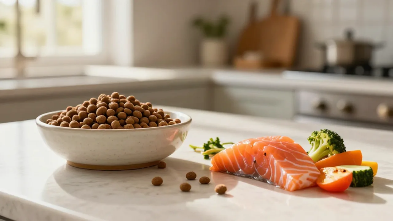 Cuencos con comida premium para perros y gatos junto a trozos de salmón y vegetales.