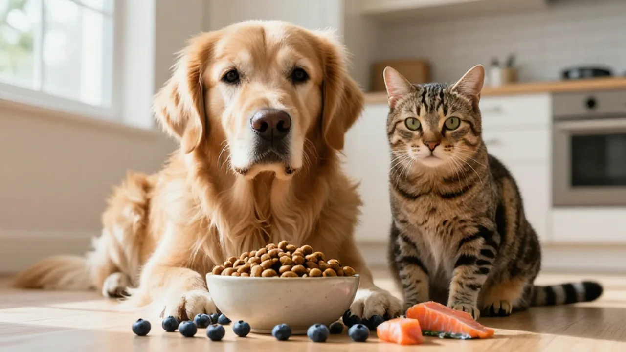 Un golden retriever y un gato tabby junto a un cuenco con comida fresca.