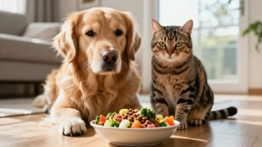 Un perro golden retriever y un gato tabby sentados junto a un cuenco de comida.
