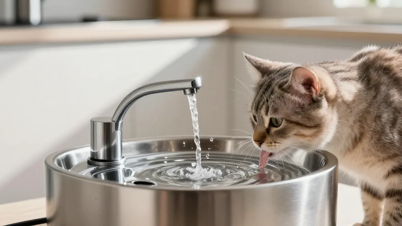 Gato tranquilo bebiendo agua de una fuente moderna de acero inoxidable en una cocina iluminada.