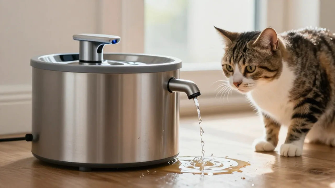Gato atigrado observa con confusión un bebedero eléctrico que derrama agua sobre el suelo de madera.