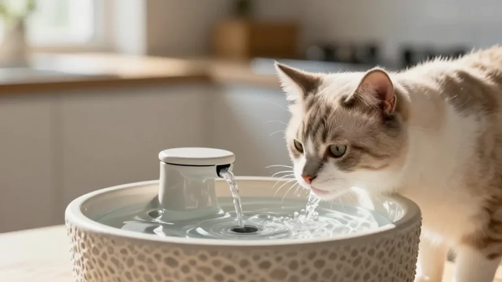 Gato bebiendo agua de una fuente cerámica moderna en una cocina iluminada por el sol.